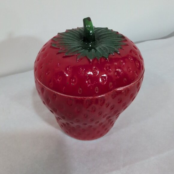 Vintage Hazel Atlas Milk Glass Red/Green Strawberry Jam/Jelly Jar & Lid 4" - Picture 2 of 5